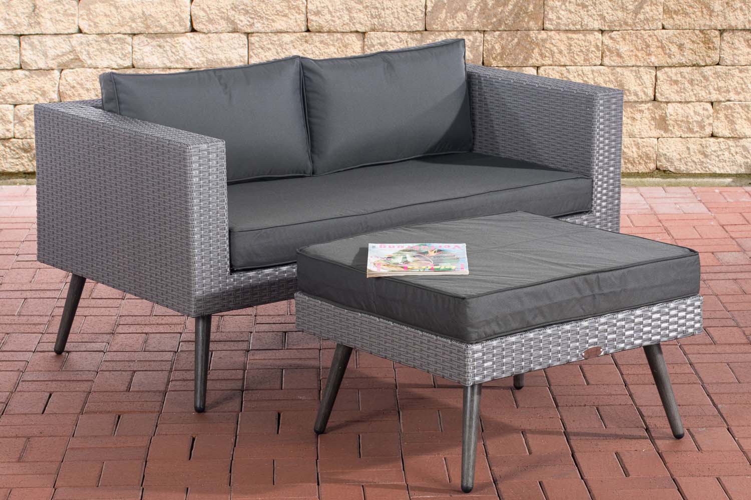 2er Sofa Molde mit Fußhocker Flachrattan Grau 40 cm (Dunkelgrau)