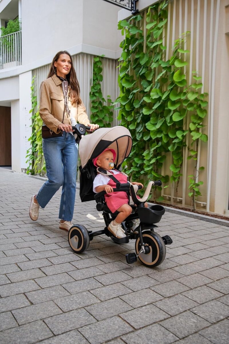MoMi IVI Kinderdreirad 3-in-1 – 360° drehbarer Sitz, 3-Punkt-Gurt, höhenverstellbare Schiebestange, Sonnendach, PU-Räder, Frontkorb – ab 9 Monaten