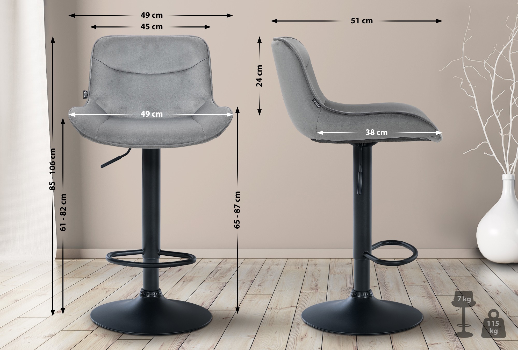 2er Set Barhocker Vonore Samt schwarz