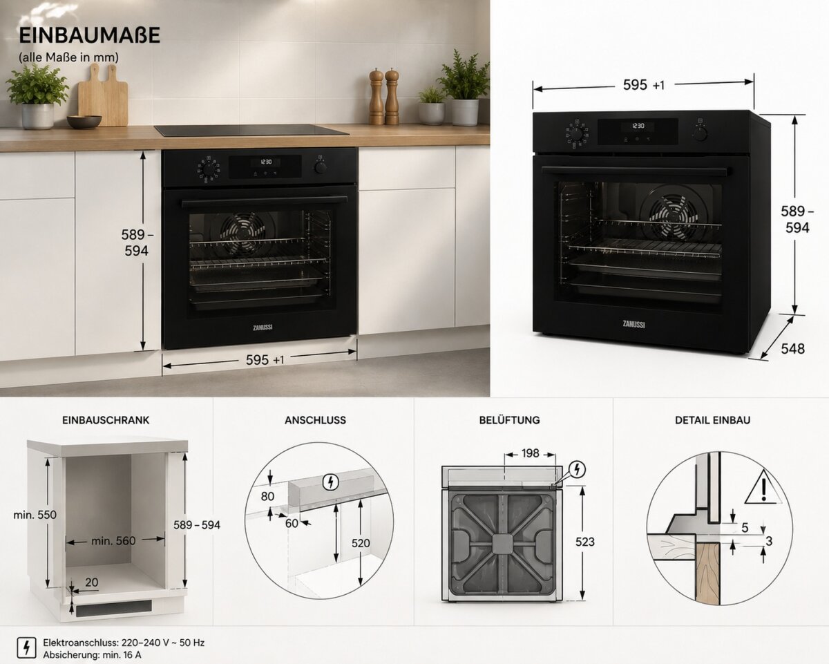 Electrolux Hausgeräte GmbH Rund ums Haus Manolya Zanussi ZOPKA6K2 Einbaubackofen 72 L mit AirFry & Pyrolyse Schwarz