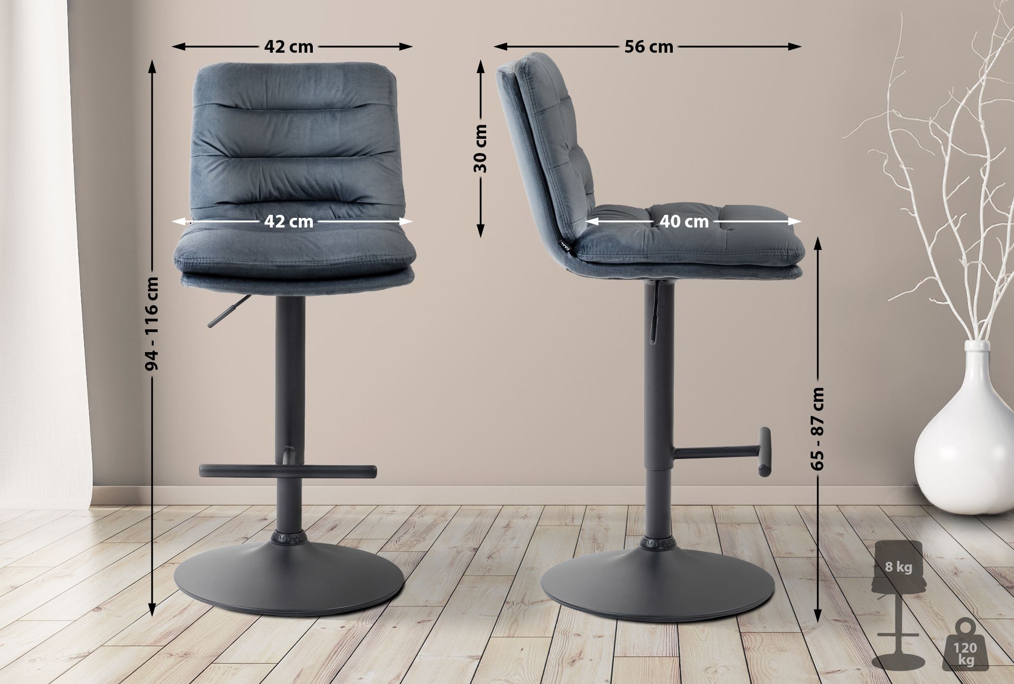 2er Set Barhocker Damar Samt schwarz