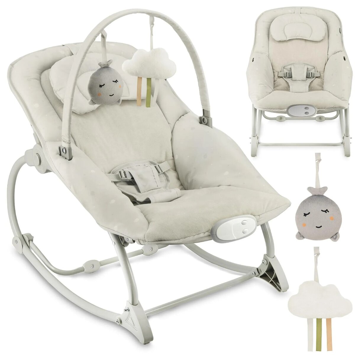 MoMi LAPIS – Elektrische Babywippe mit Musikmodul (8 Melodien), 3 Vibrationsstufen, verstellbare Rückenlehne & arretierbar – in verschiedenen Graufarben