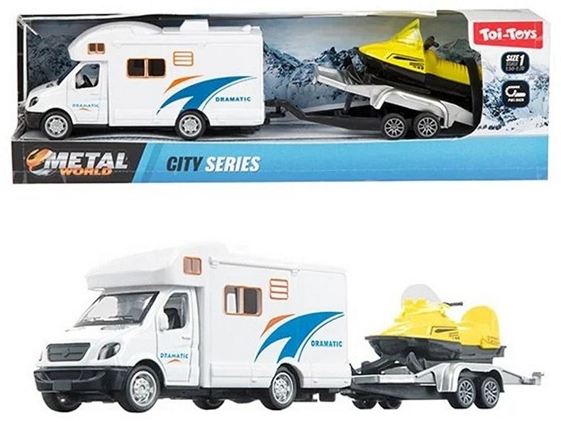 Toi-Toys Modelle & Fahrzeuge METAL World - Camper Pullback + Anhänger + Schneescooter - 23,5 cm
