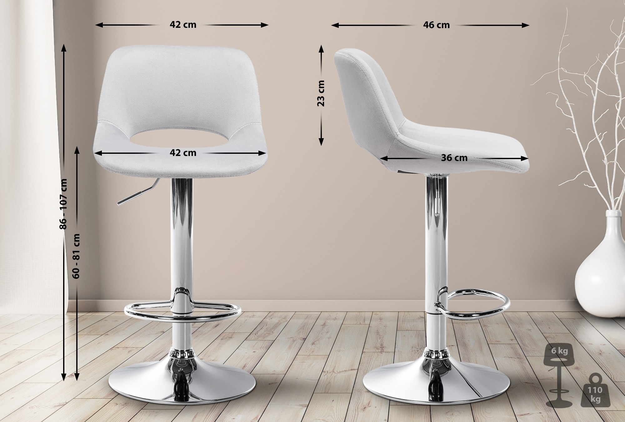 2er Set Barhocker Camden Samt chrom