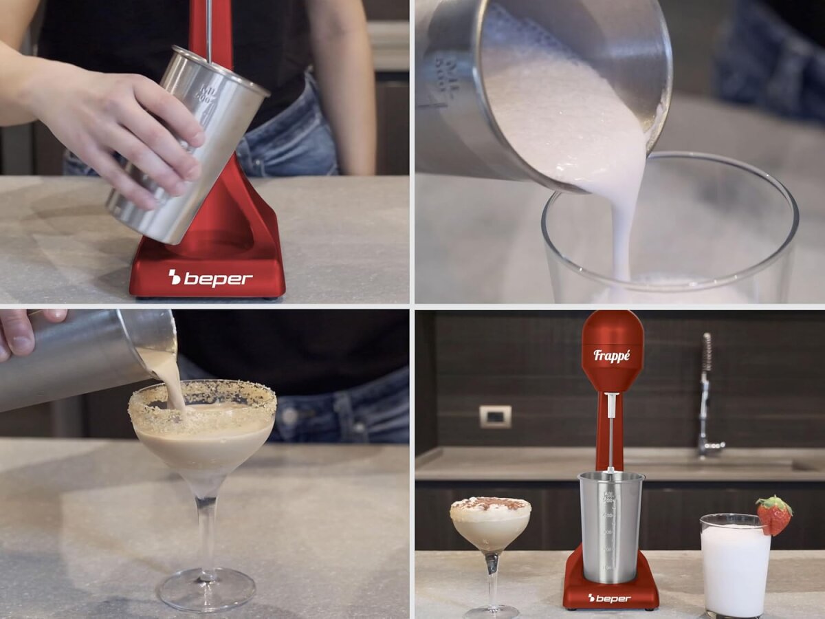 BEPER BP.690 Elektrischer Milchshaker 100W – Drink Mixer mit 500ml Edelstahlbecher – Shaker für Milchshakes, Cocktails & Frappés – Rot