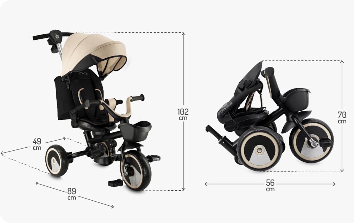 MoMi IVI Kinderdreirad 3-in-1 Beige – 360° drehbarer Sitz, 3-Punkt-Gurt, höhenverstellbare Schiebestange, Sonnendach, PU-Räder, Frontkorb – ab 9 Monaten