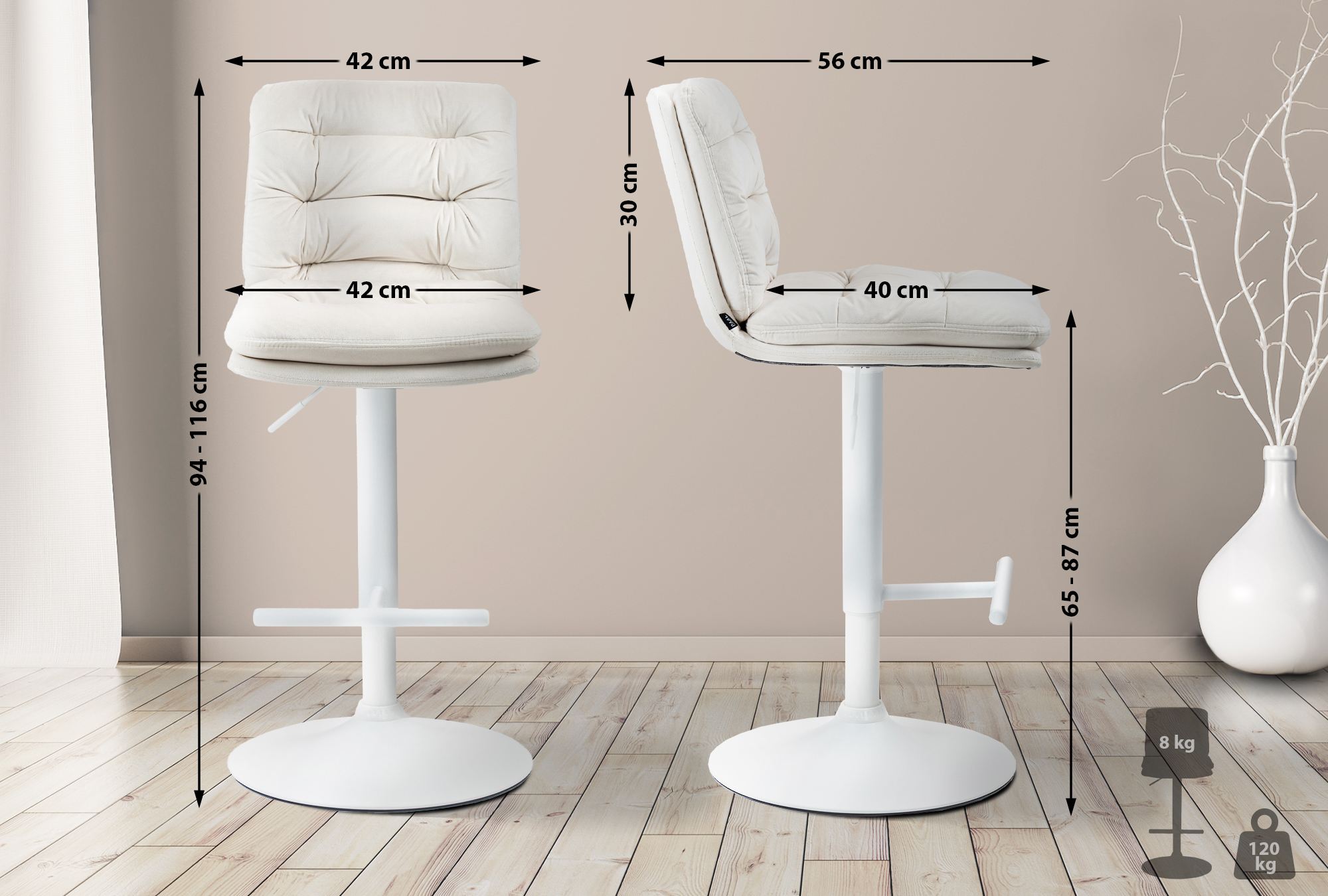 2er Set Barhocker Damar Samt weiß