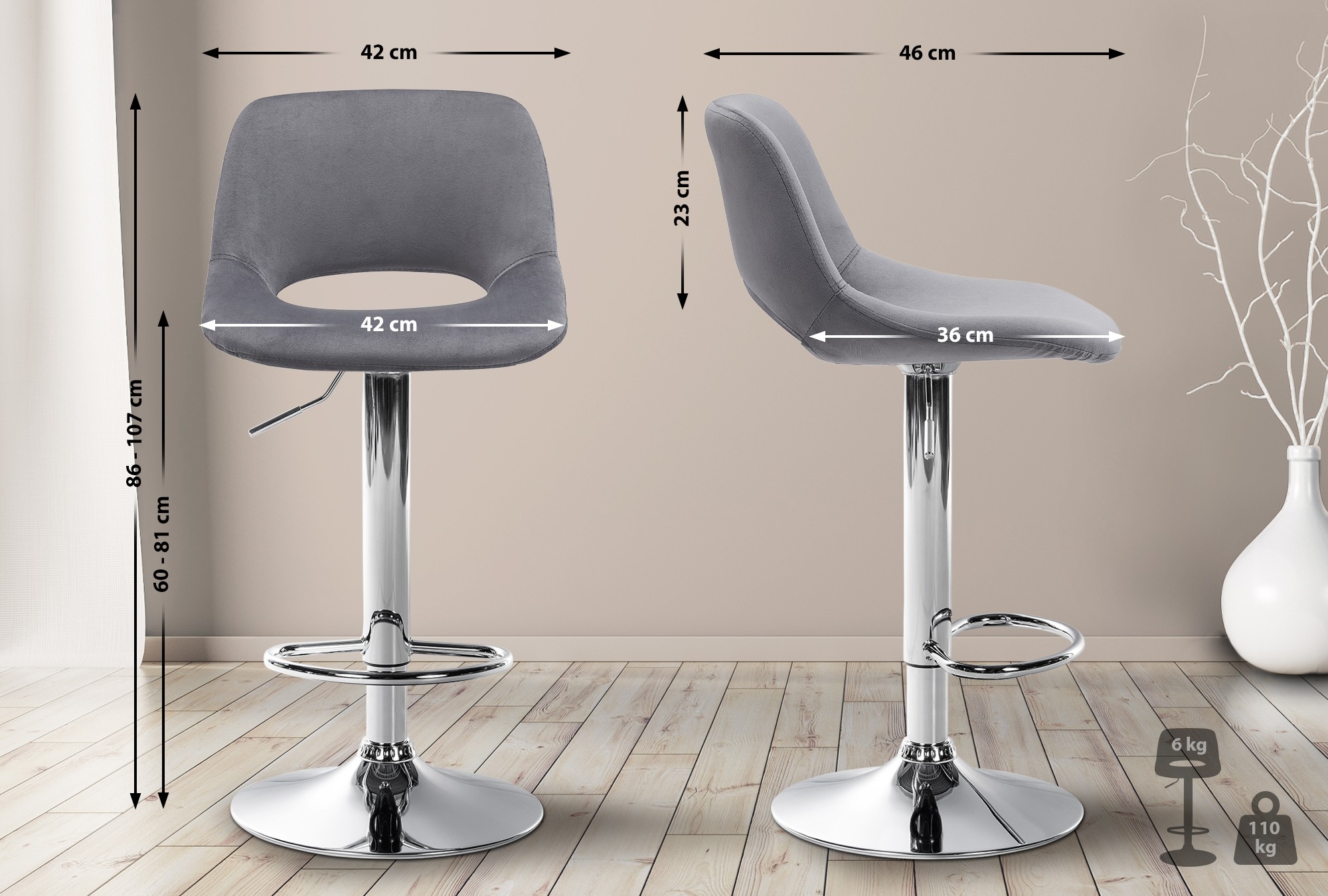 2er Set Barhocker Camden Samt chrom