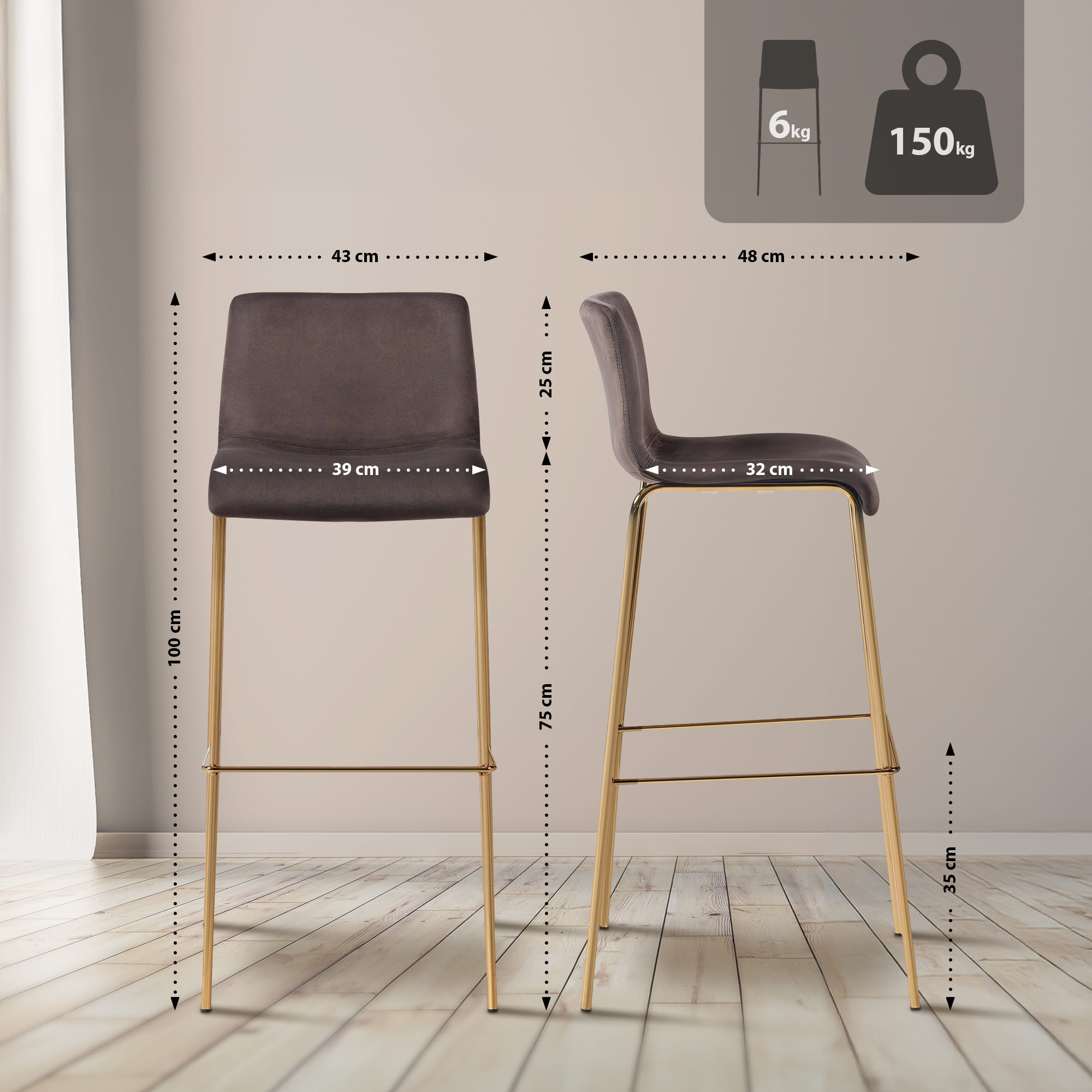 Barhocker Hoover Samt 4-Fuß Gold