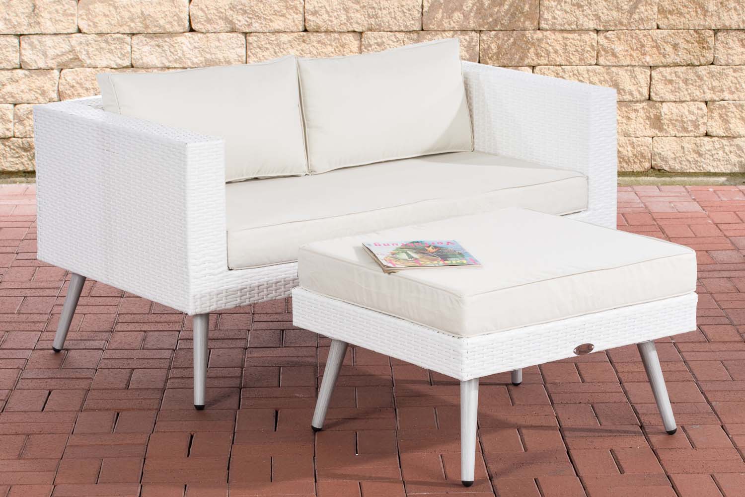 2er Sofa Molde mit Fußhocker Flachrattan weiß 40 cm (Hellgrau)