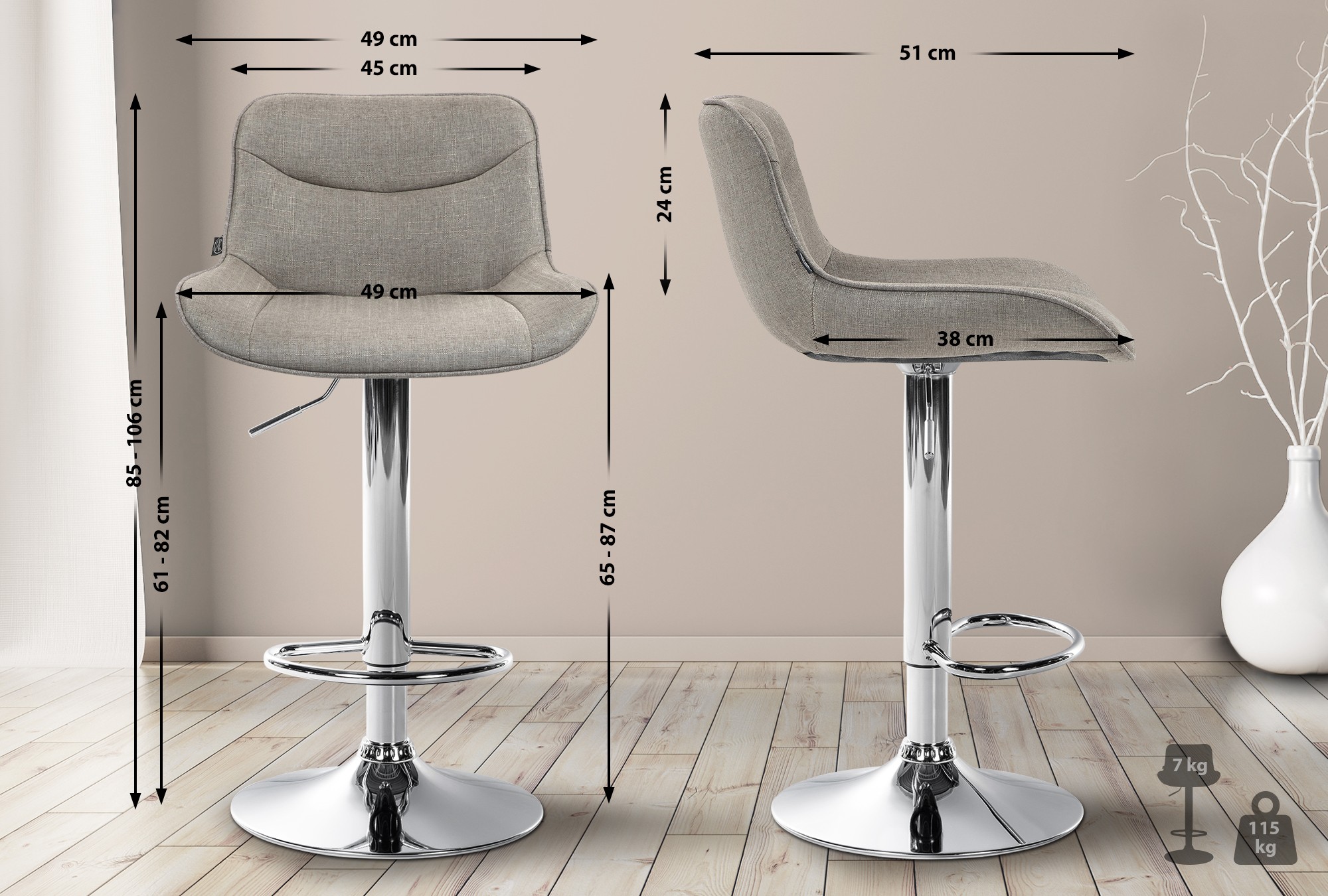 2er Set Barhocker Vonore Stoff chrom