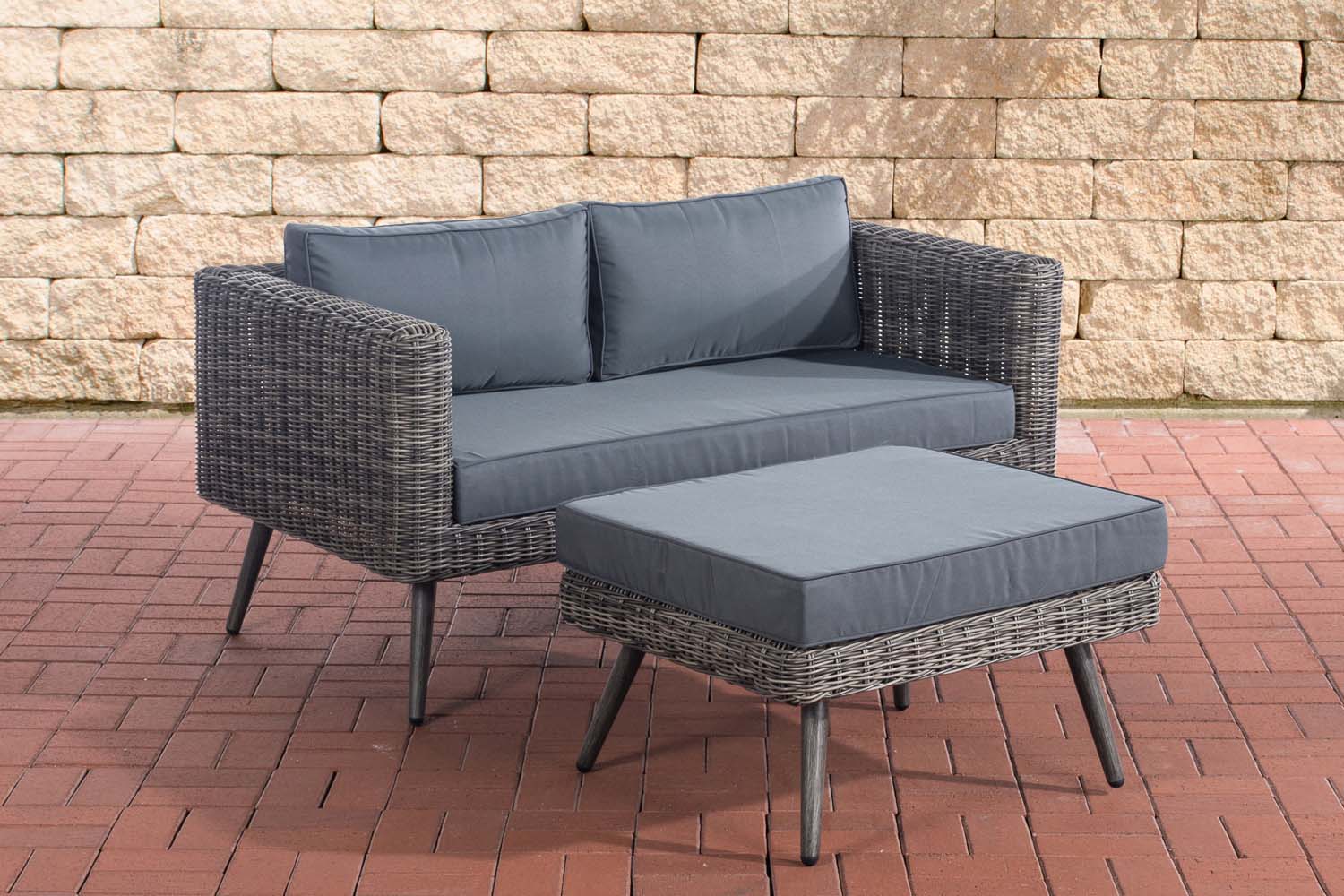 2er Sofa Molde mit Fußhocker Rundrattan grau-meliert 45 cm (Dunkelgrau)