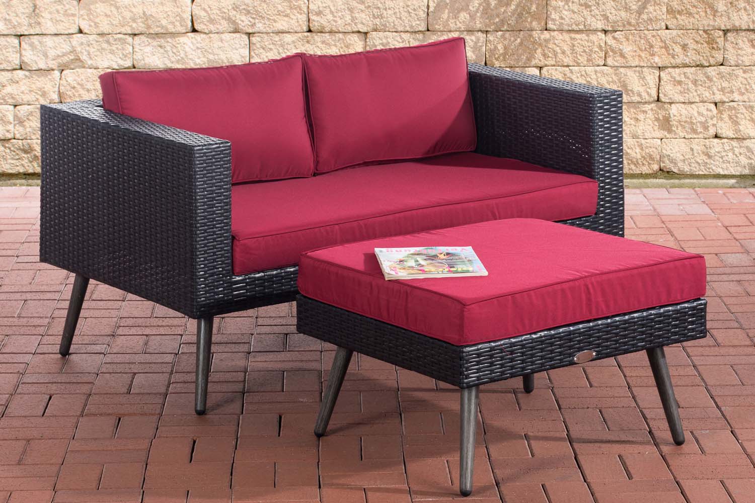 2er Sofa Molde mit Fußhocker Flachrattan schwarz 45 cm (Dunkelgrau)