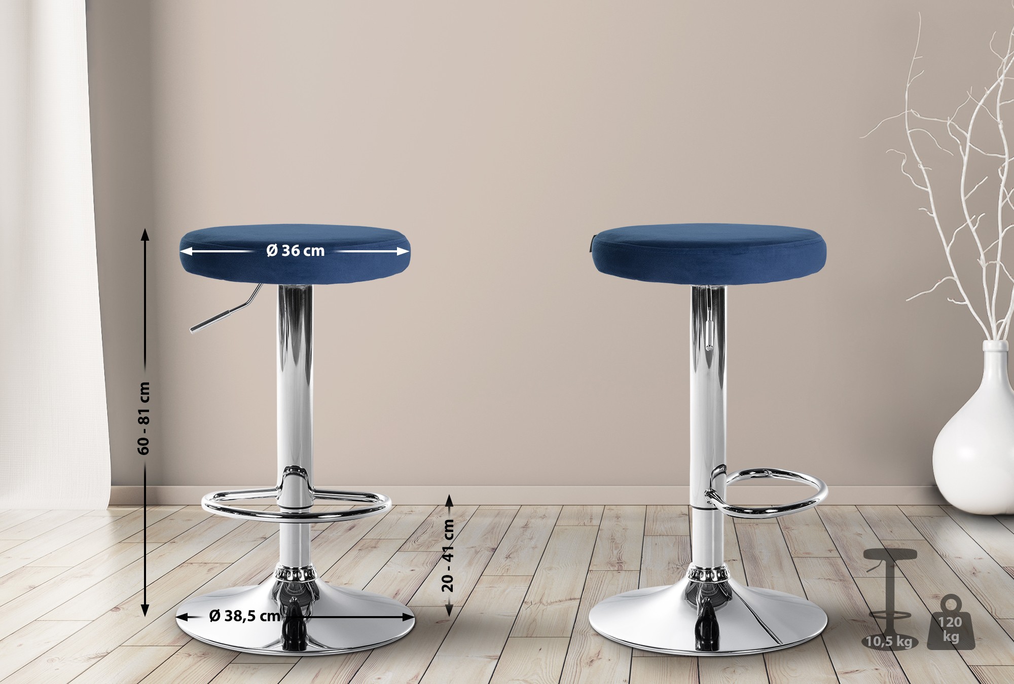 2er Set Barhocker Ponte Samt chrom