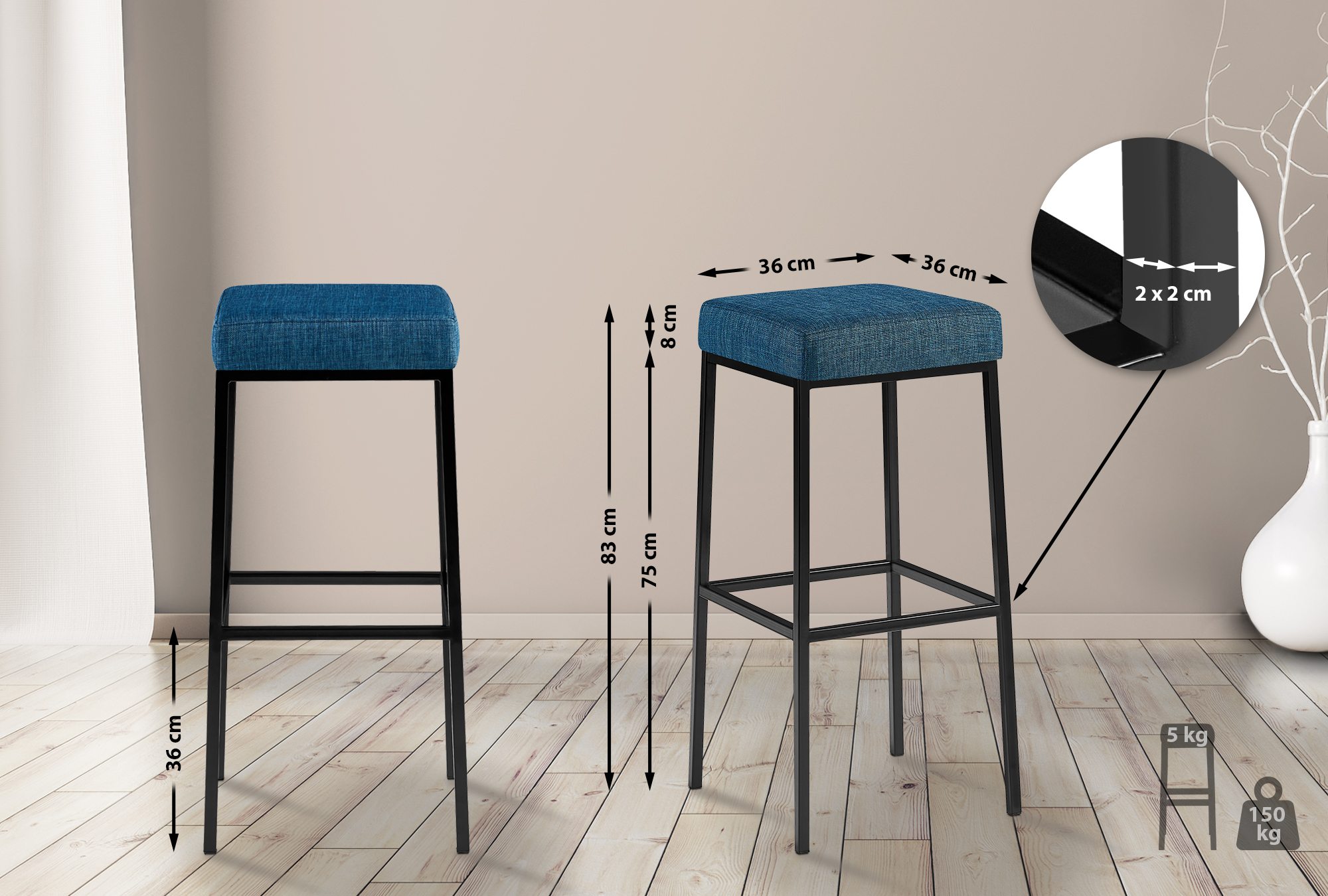 2er Set Barhocker Montreal 80 Stoff schwarz