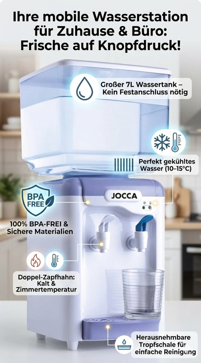 Jocca Wasserspender mit 7L Tank & Kühlung – Elektrischer Tisch-Wasserspender 10-15°C – BPA-frei – Weiß/Lila