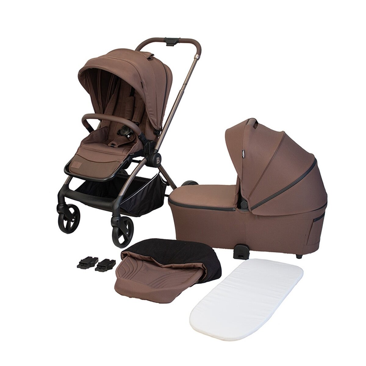 BabyTrold Alex 2in1 Kinderwagen in Chocolate mit Tragewanne, Sitzeinheit und Fußsack
