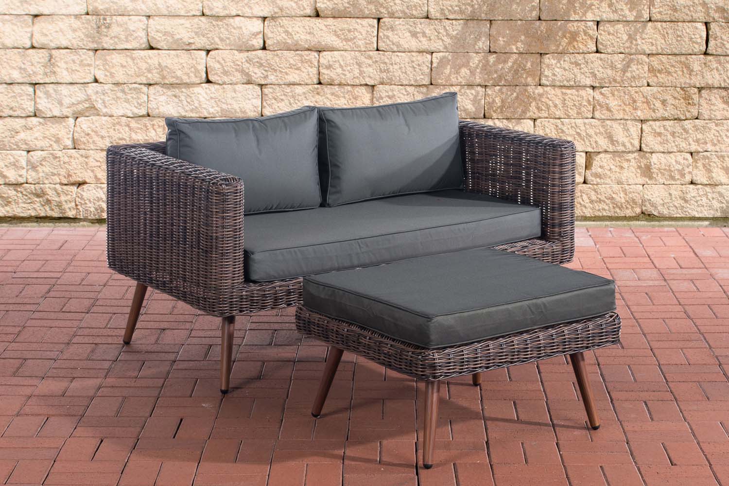 2er Sofa Molde mit Fußhocker Rundrattan braun-meliert 45 cm (Dunkelbraun)