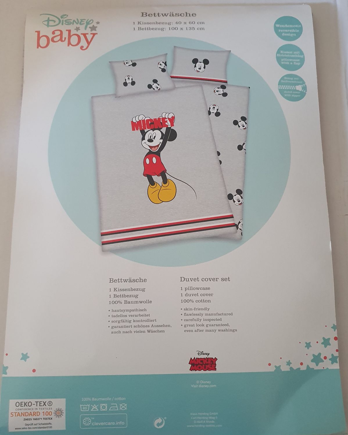Herding Textilien Disney Mickey Mouse - Wendebettwäsche - 40 x 60 / 135 x 100 cm
