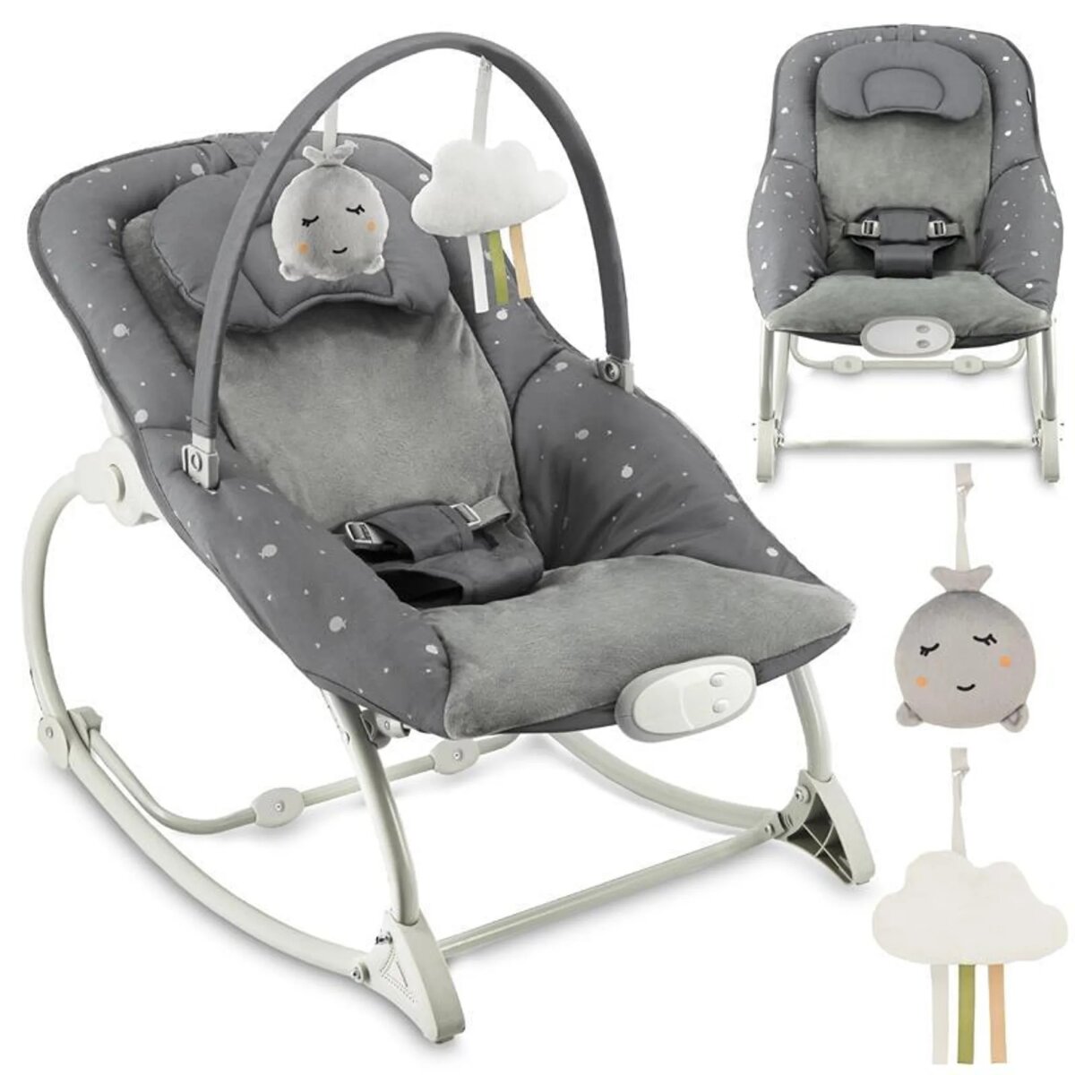 MoMi LAPIS – Elektrische Babywippe mit Musikmodul (8 Melodien), 3 Vibrationsstufen, verstellbare Rückenlehne & arretierbar – Dunkelgrau