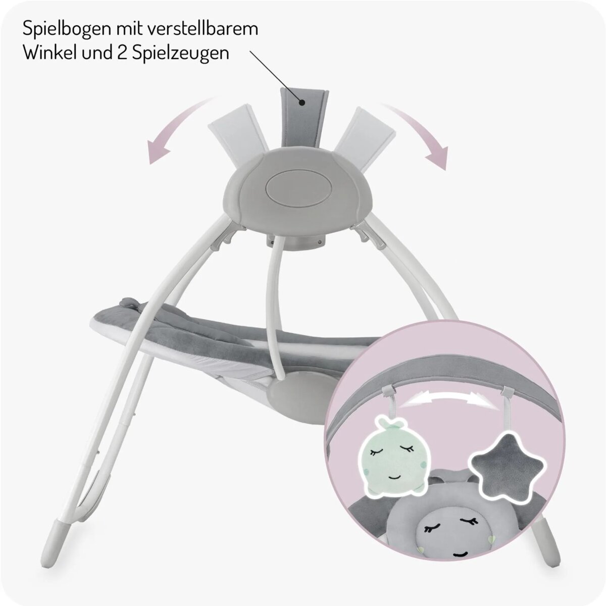 MoMi LISS – Elektrische Babywippe klappbar mit Timer, 5 Geschwindigkeiten, 6 Melodien & verstellbarem Spielbogen - Grau