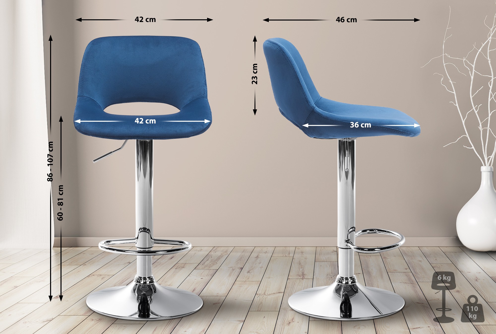 2er Set Barhocker Camden Samt chrom