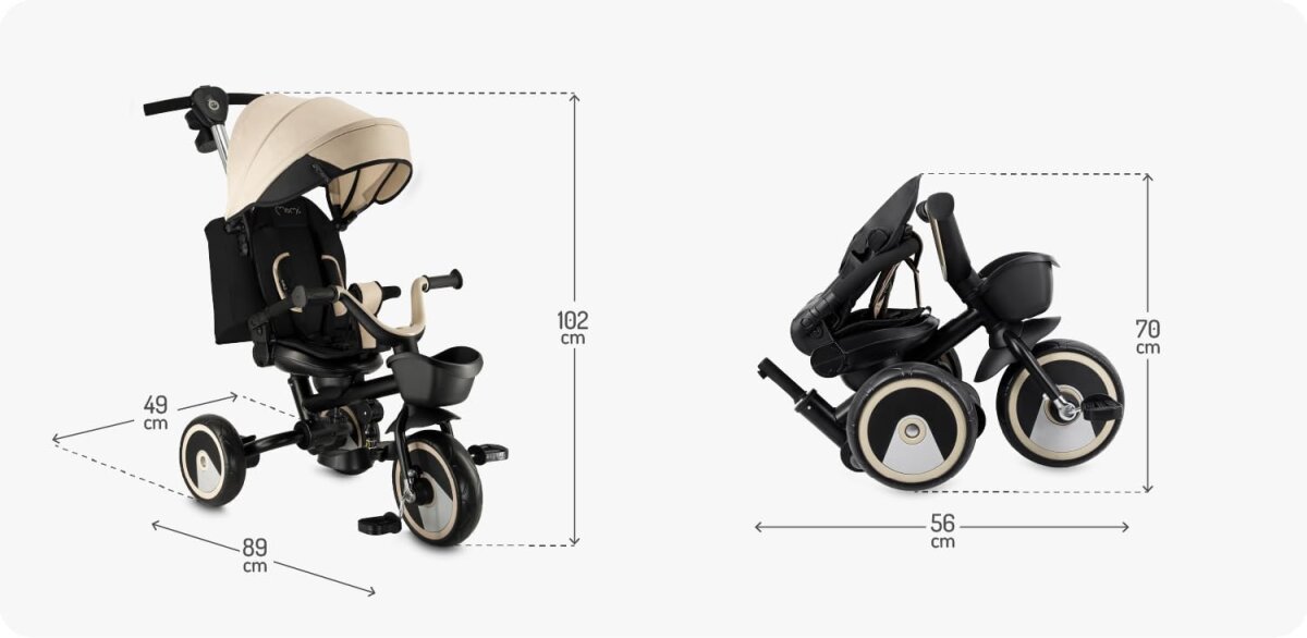 MoMi IVI Kinderdreirad 3-in-1 Blau – 360° drehbarer Sitz, 3-Punkt-Gurt, höhenverstellbare Schiebestange, Sonnendach, PU-Räder, Frontkorb – ab 9 Monaten