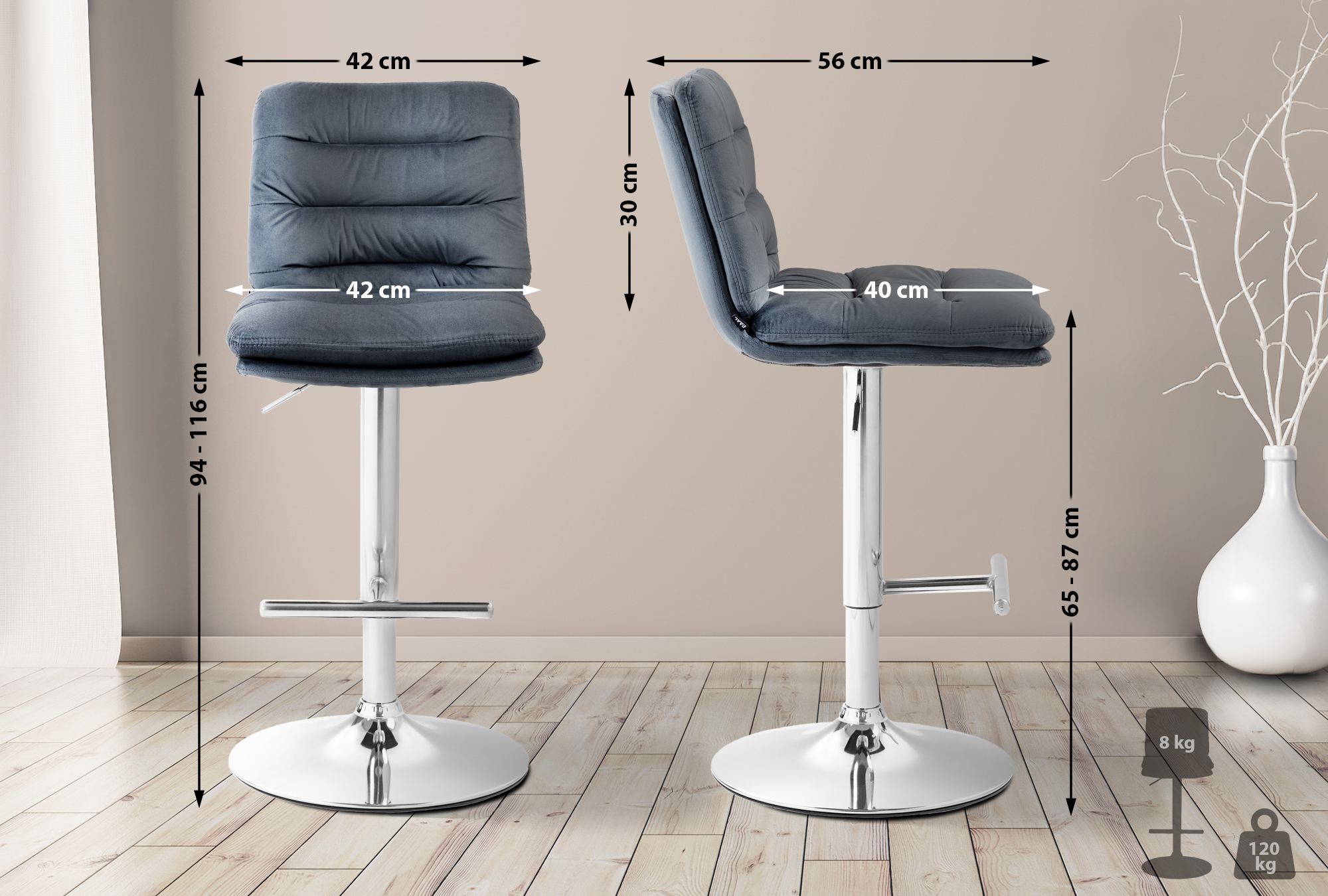 2er Set Barhocker Damar Samt chrom