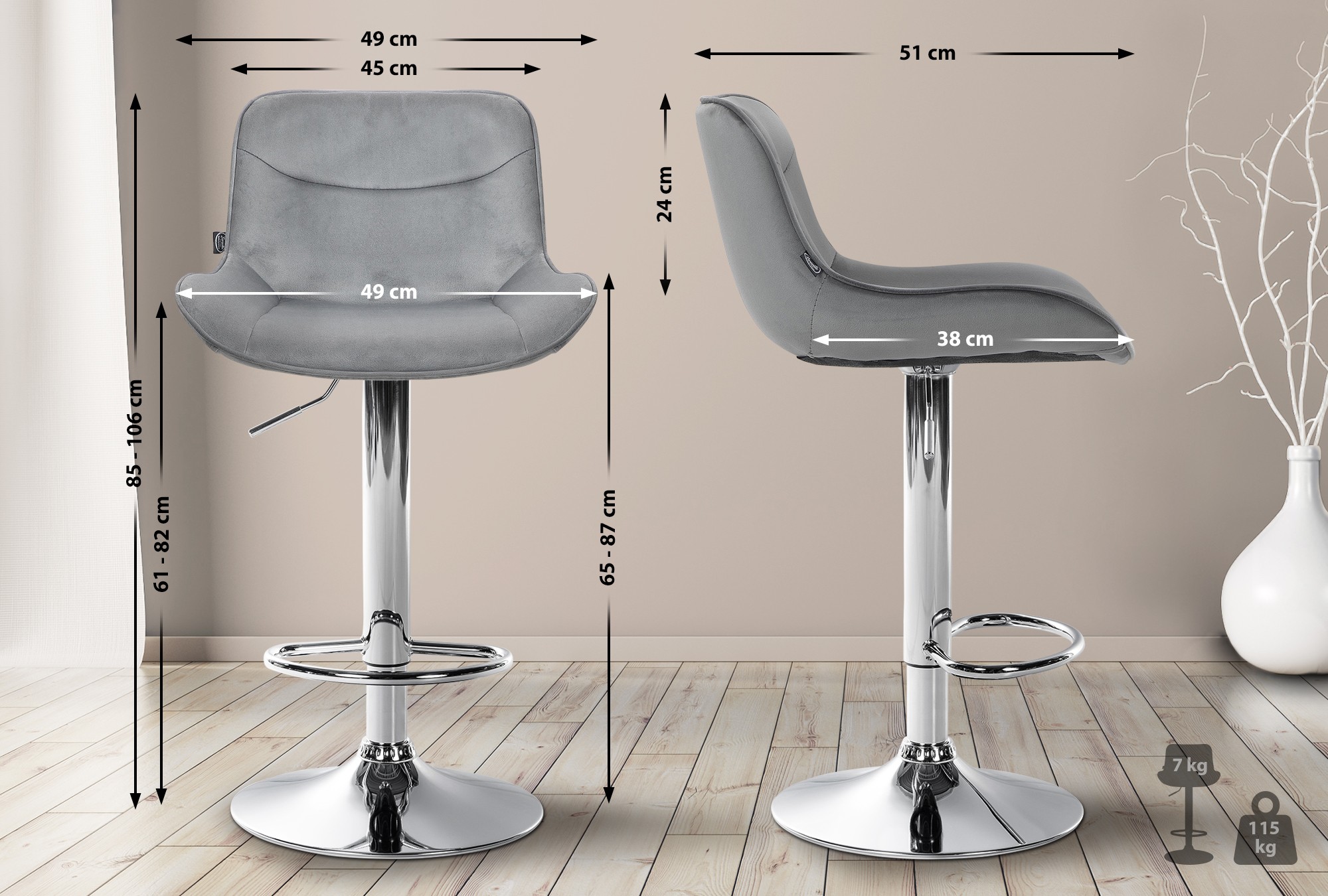 2er Set Barhocker Vonore Samt chrom