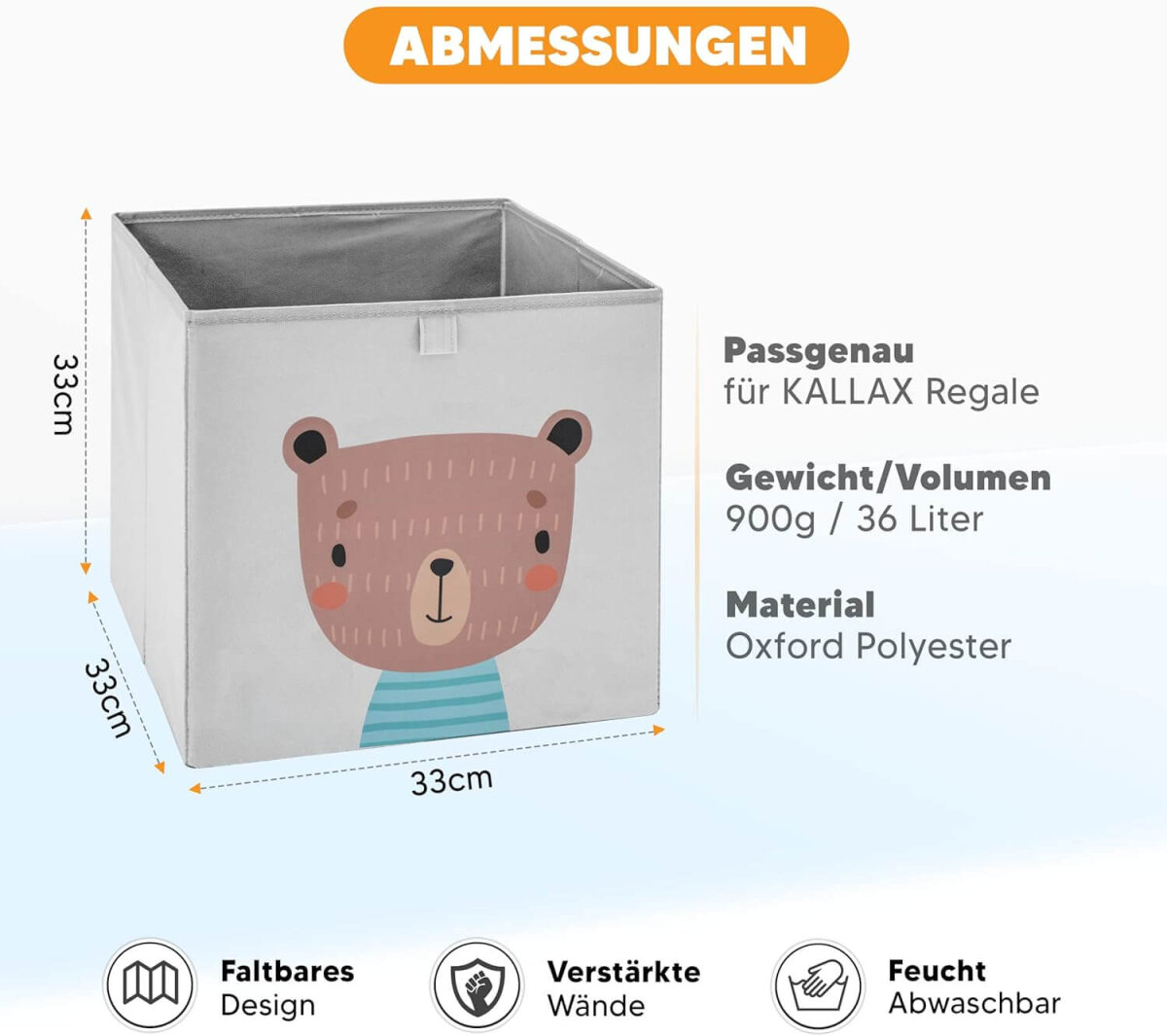 fenchi’s AUSTRIA Aufbewahrungsboxen 2er Set – 33x33x33 cm – Kallax kompatibel – stabile Faltboxen für Kinderzimmer (Bär & Katze)