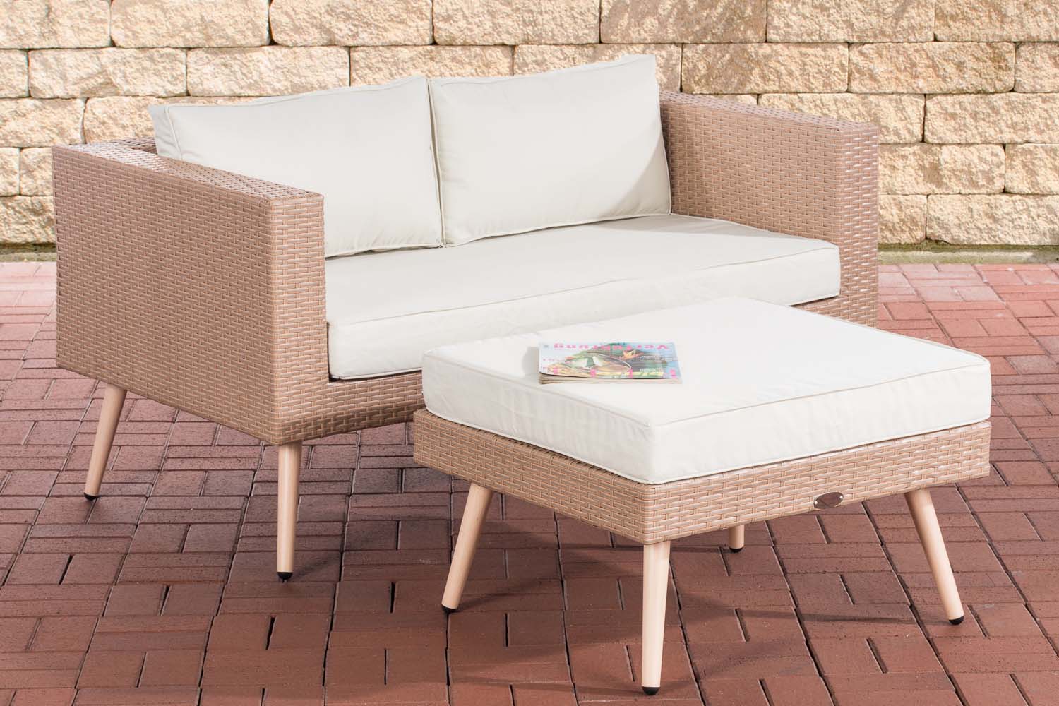 2er Sofa Molde mit Fußhocker Flachrattan sand 40 cm (Hellbraun)