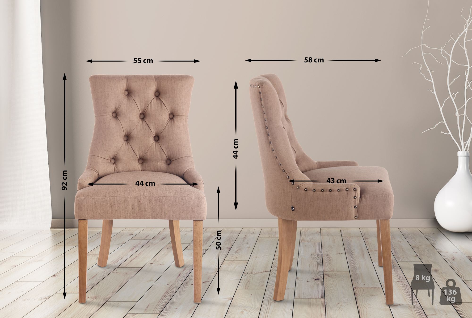 2er Set Esszimmerstuhl Aberdeen Stoff antik-hell