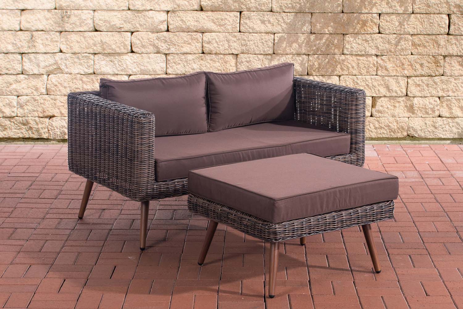 2er Sofa Molde mit Fußhocker Rundrattan braun-meliert 45 cm (Dunkelbraun)
