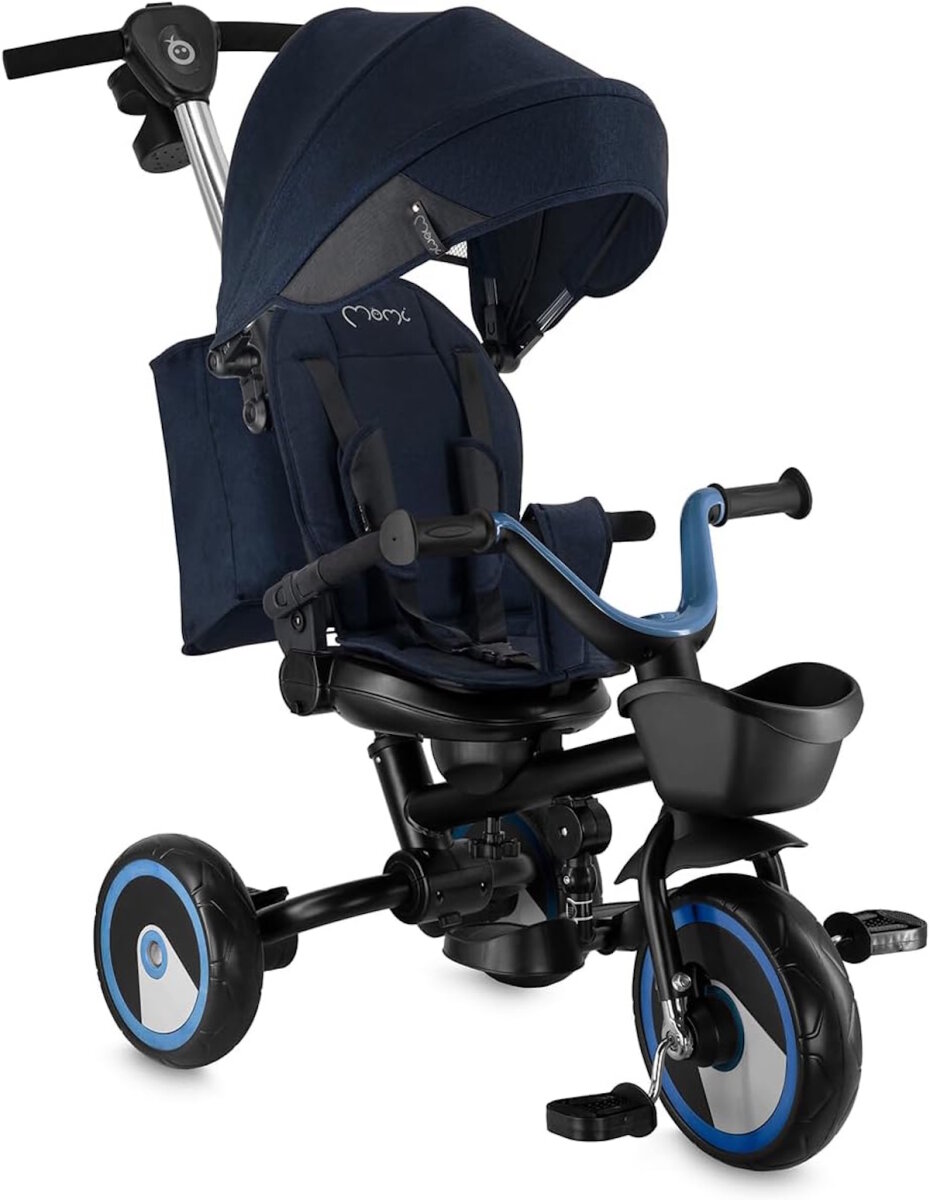 MoMi IVI Kinderdreirad 3-in-1 Blau – 360° drehbarer Sitz, 3-Punkt-Gurt, höhenverstellbare Schiebestange, Sonnendach, PU-Räder, Frontkorb – ab 9 Monaten