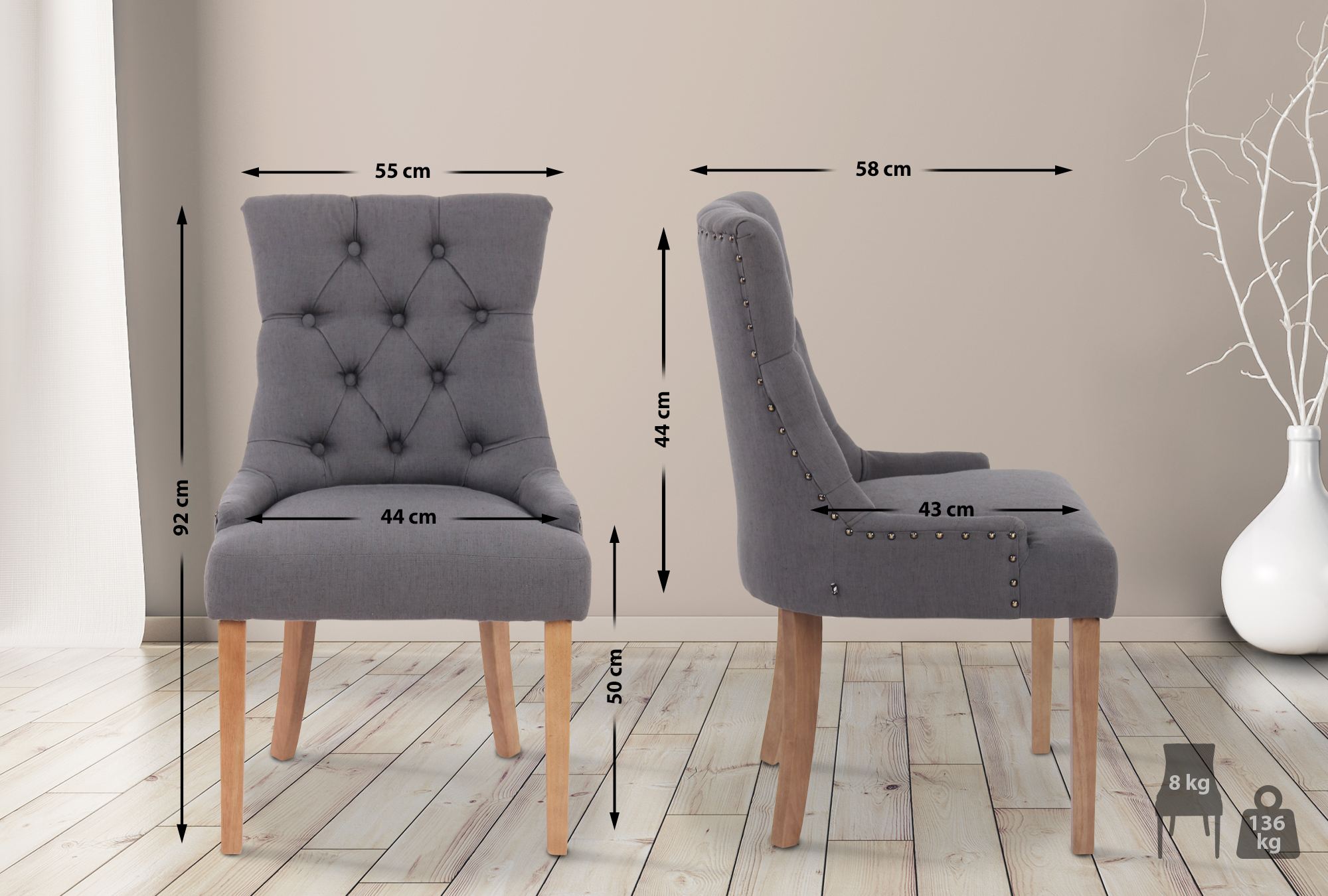 2er Set Esszimmerstuhl Aberdeen Stoff antik-hell