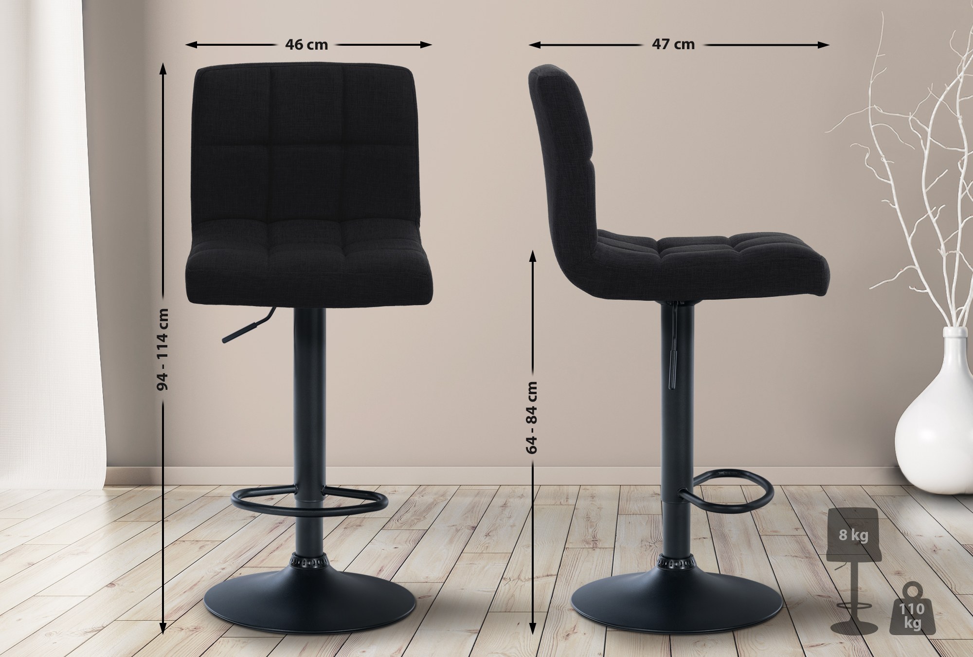 2er Set Barhocker Calma Stoff schwarz