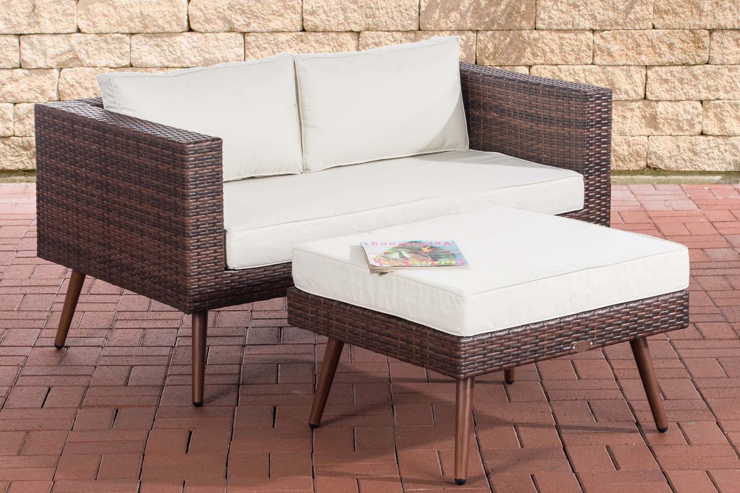 2er Sofa Molde mit Fußhocker Flachrattan braun-meliert 40 cm (Dunkelbraun)