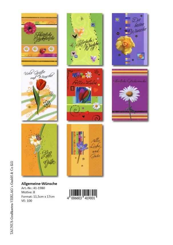 Taunus-Verlag Grüßkarten Allgemeine Wünsche Grußkarten - 100 Stück - 8 Motive
