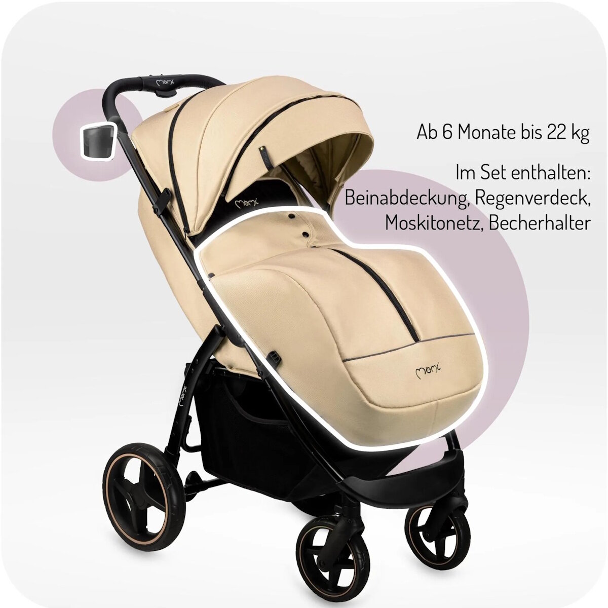 MoMi MIYA EVA – Buggy mit Einhand-Faltung, XL-Räder, Zubehör, verstellbar, Sonnenverdeck – Beige