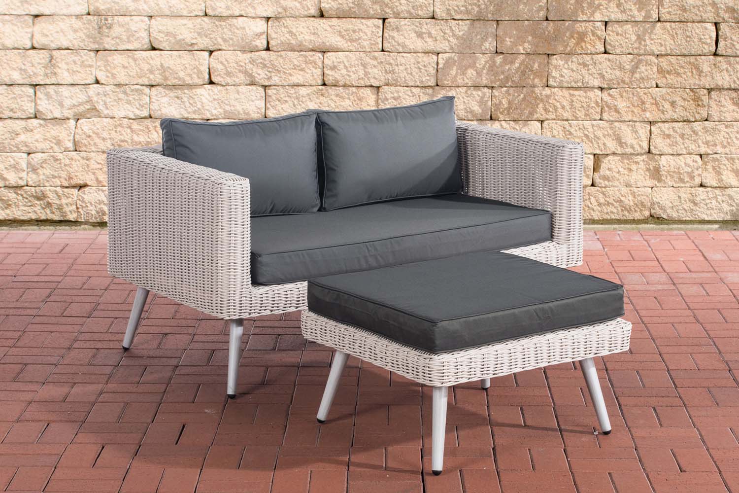 2er Sofa Molde mit Fußhocker Rundrattan perlweiß 45 cm (Hellgrau)