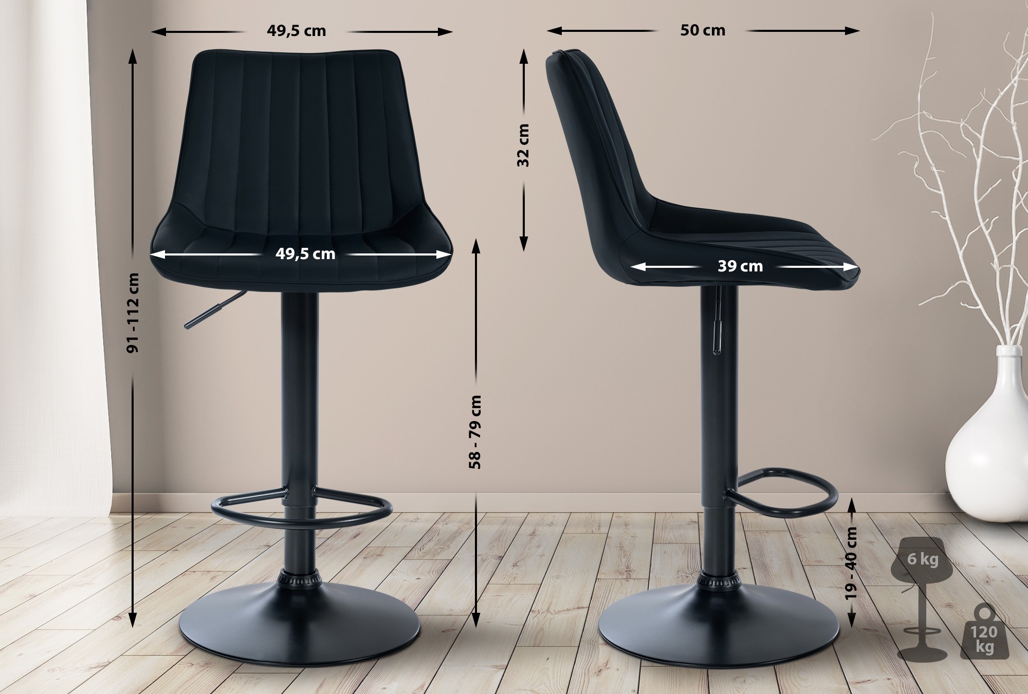 2er Set Barhocker Toni Kunstleder schwarz