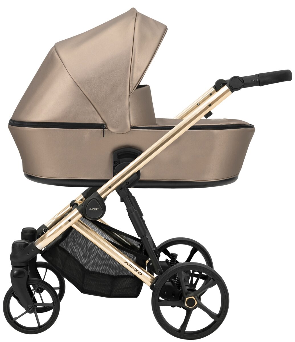 ARIZO PREMIUM 2in1 Öko-Leder Kinderwagen in Braun/Cappuccino mit goldenem Gestell und Zubehör