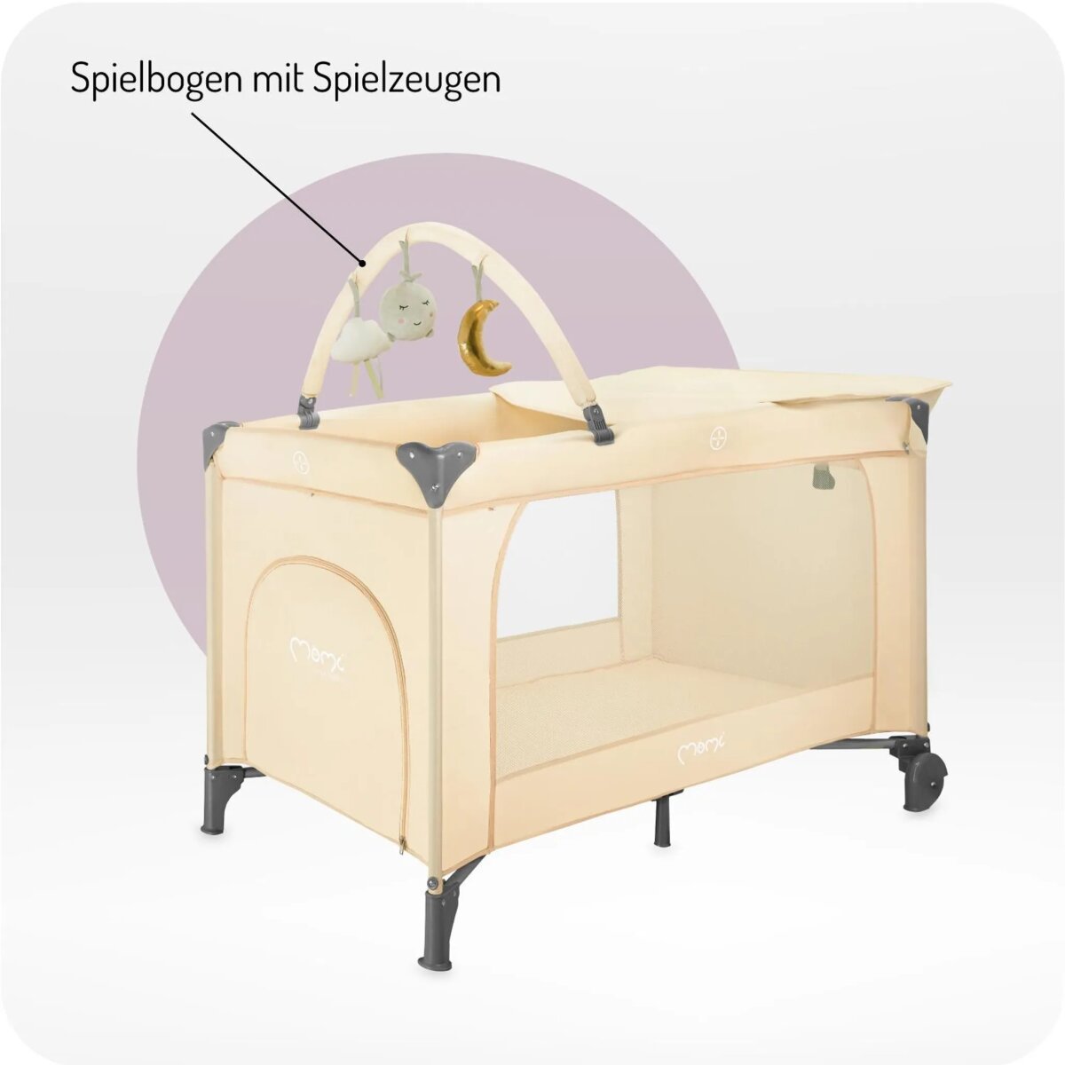 MoMi BELOVE PLUS – Babyreisebett mit Matratze, Spielbogen & Wickeltisch, 2 Ebenen, Zubehör inkl. – Beige
