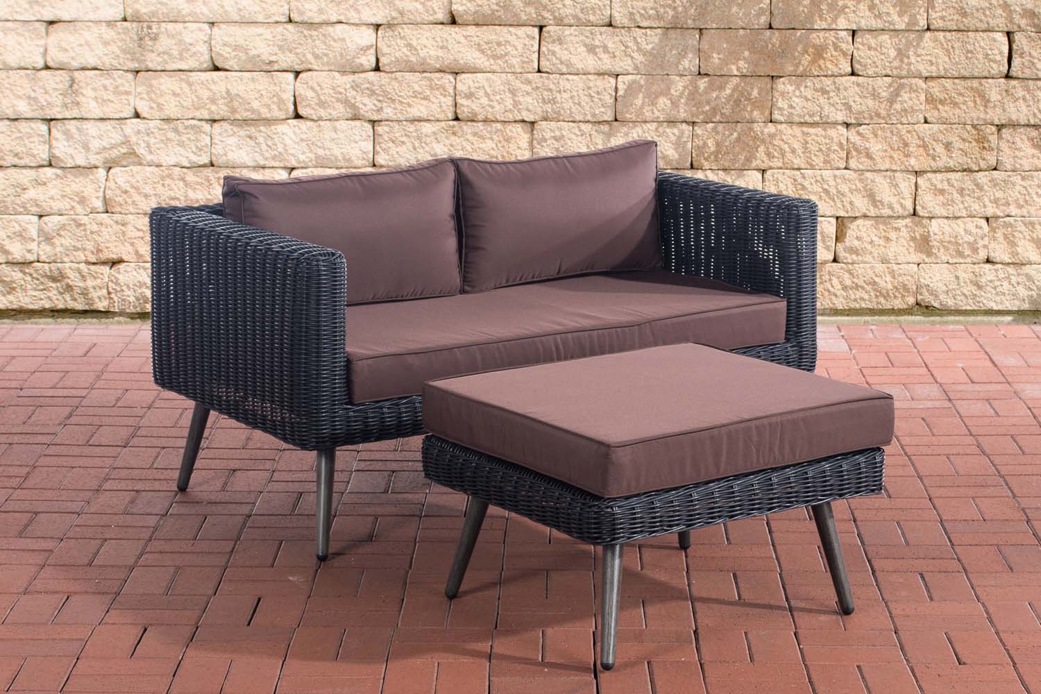 2er Sofa Molde mit Fußhocker Rundrattan  schwarz 45 cm (Dunkelgrau)