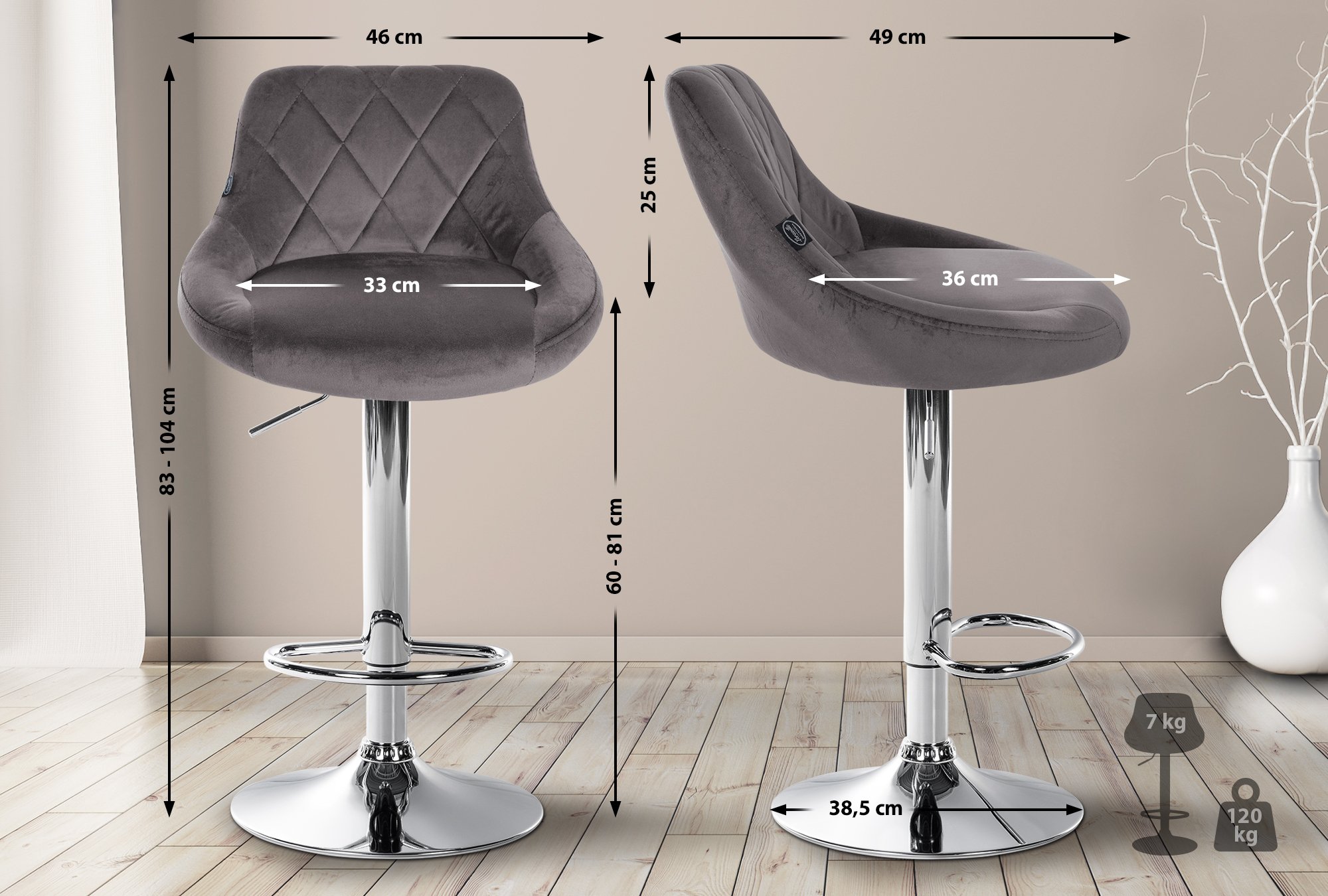 2er Set Barhocker Lazio Samt chrom