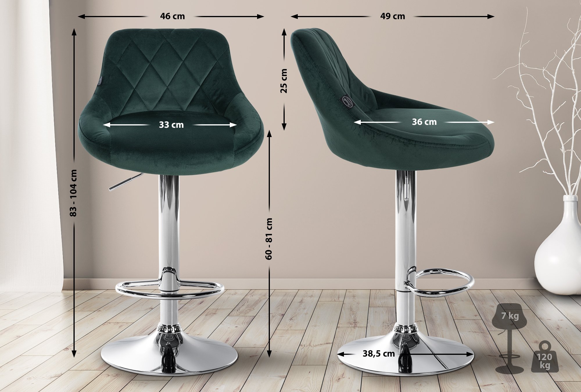 2er Set Barhocker Lazio Samt chrom