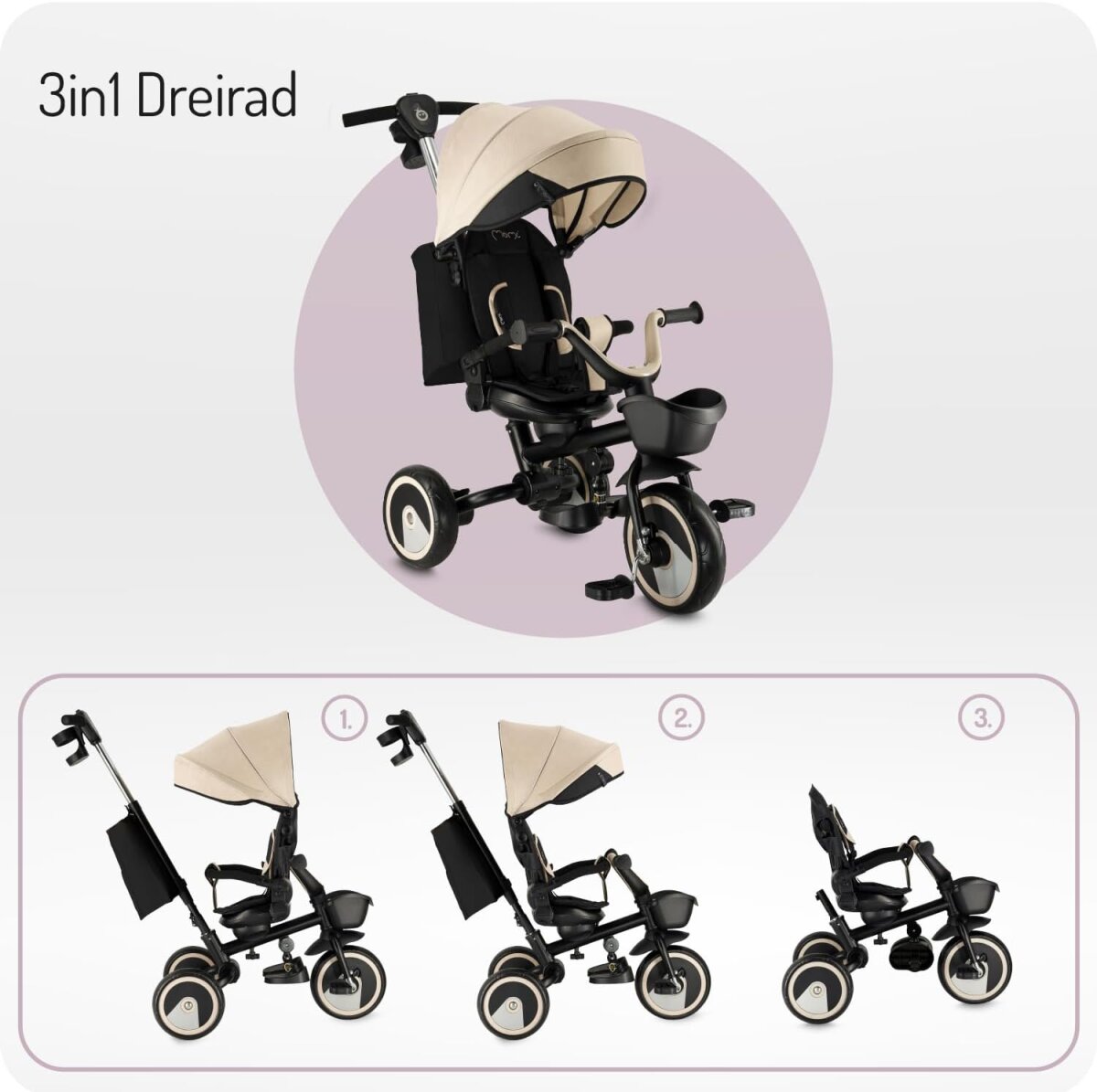 MoMi IVI Kinderdreirad 3-in-1 Rosa – 360° drehbarer Sitz, 3-Punkt-Gurt, höhenverstellbare Schiebestange, Sonnendach, PU-Räder, Frontkorb – ab 9 Monaten