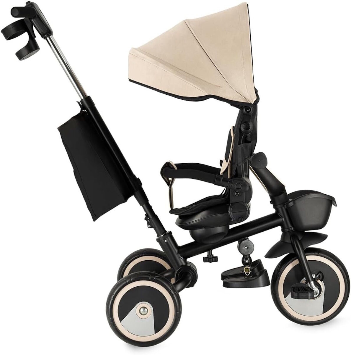 MoMi IVI Kinderdreirad 3-in-1 Beige – 360° drehbarer Sitz, 3-Punkt-Gurt, höhenverstellbare Schiebestange, Sonnendach, PU-Räder, Frontkorb – ab 9 Monaten
