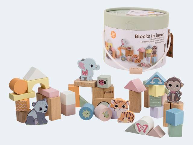 Johntoy Holzspielzeug 50 Holzbausteine Wildies Family in Tonne