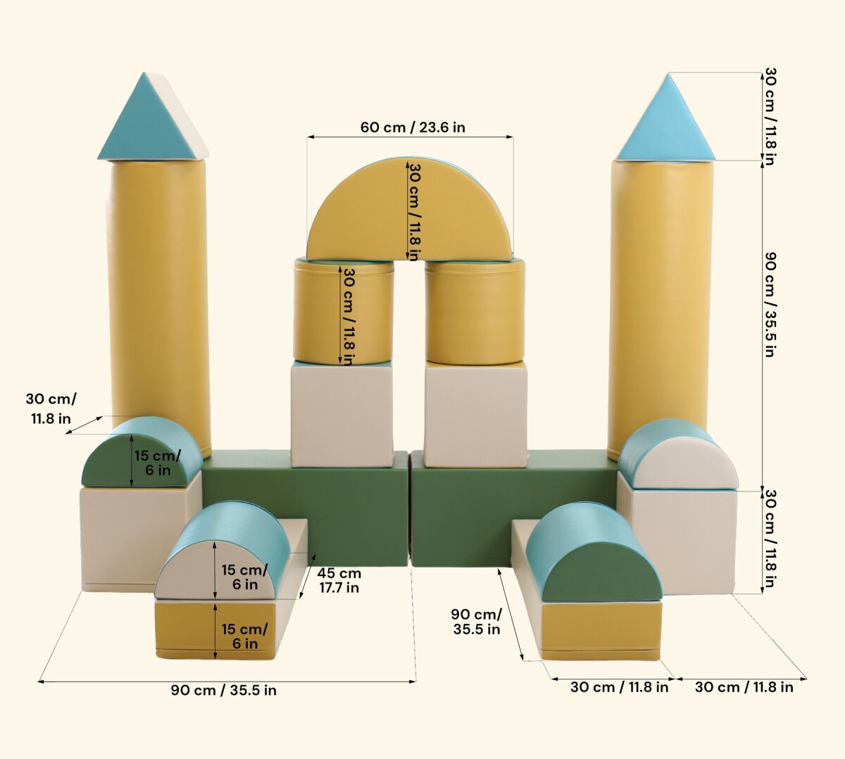 IGLU Softplay PEPI RER SIA IGLU SET 19X Fortress - Pastell-Türkis/Beige/Grün/Honigfarben - Schaumstoffbaustein-Set Festung/Burg für Kinder – Ansicht 11